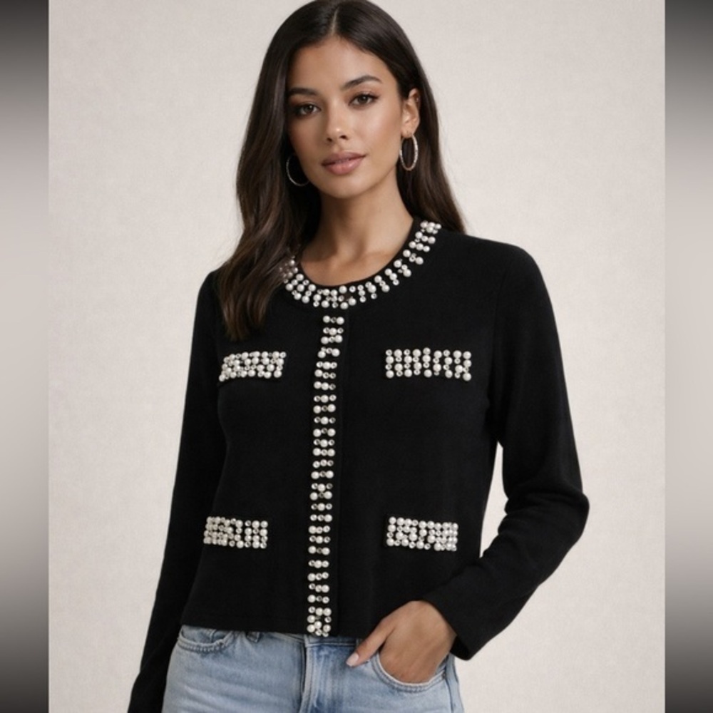 Adrianna Papell Black Pearls and Crystals Cardigan NWT Sz L